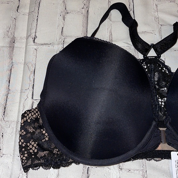 NWT- ADORE ME FRONT CLOSURE T STRAP BRA SIZE 40D black with nude sides. - Picture 2 of 7